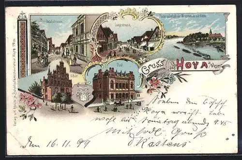 Lithographie Hoya /Weser, Deichstrasse, Langestrasse, Schule, Post