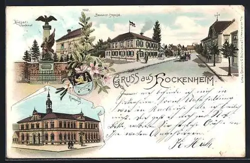 Lithographie Hockenheim, Bahnhof-Strasse mit Postamt, Rathaus, Krieger-Denkmal