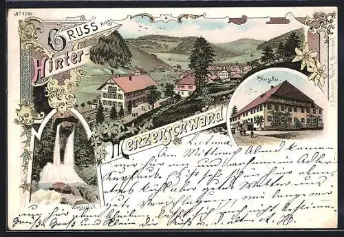 Lithographie Hinter-Menzenschwand, Gasthaus zum Hirschen, Wasserfall