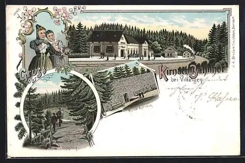 Lithographie Kirnach bei Villingen, Bahnhof von der Gleisseite, Ruine Kürneck