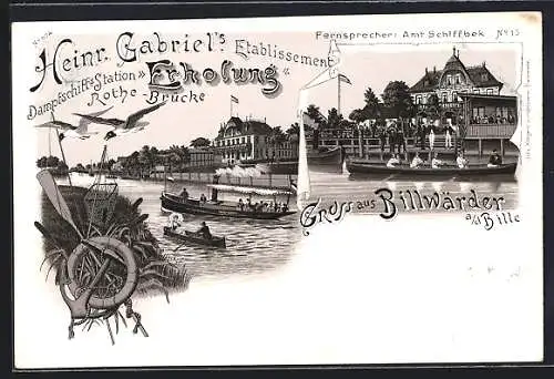 Lithographie Hamburg-Billwärder, Gasthaus Erholung an der Rothe-Brücke und Dampfschiffstation