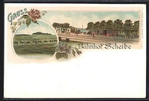 Lithographie Scheibe /Mittelherwigsdorf, Bahnhof von der Gleisseite