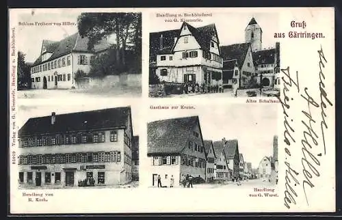 AK Gärtringen, Gasthaus zur Krone und Handlung von G. Wurst, Buchbinderei G. Kimmerle