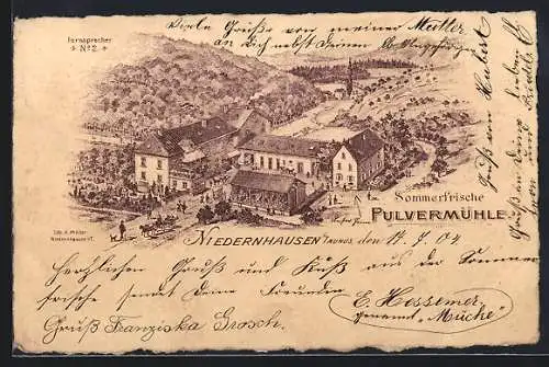 Lithographie Niedernhausen i. Taunus, Gasthaus Pulvermühle aus der Vogelschau