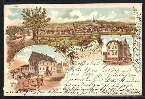 Lithographie Wehrheim i. Taunus, Gasthaus zum Taunus mit Postamt