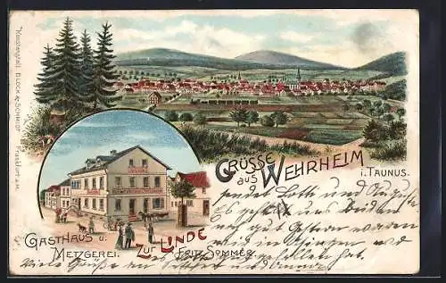 Lithographie Wehrheim i. Taunus, Gasthaus und Metzgerei Zur Linde, Teilansicht