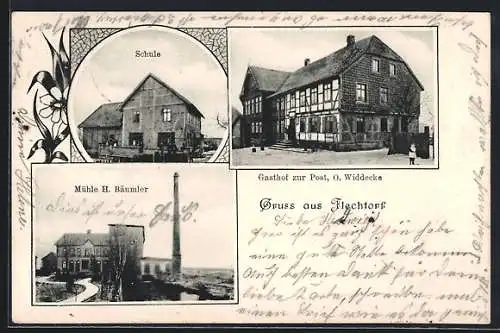 AK Flechtorf, Gasthof zur Post, Mühle H. Bäumler, Schule