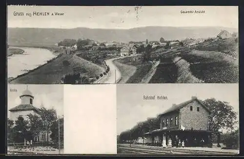 AK Hehlen a. Weser, Gesamtansicht, Bahnhof & Kirche
