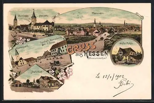 Lithographie Hessen /Braunschw., Gasthof zur Weinschenke am Marktplatz, Bahnhof, Stifts Mühle