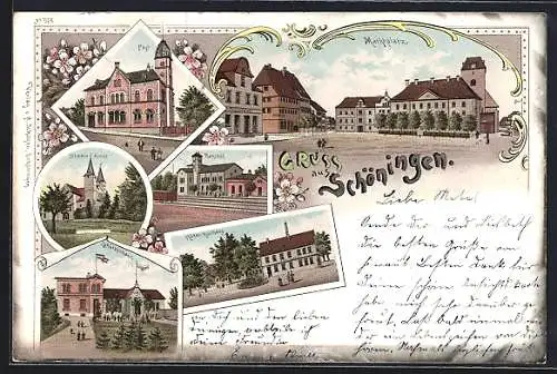 Lithographie Schöningen, Marktplatz, Post, Bahnhof und Hotel Kurhaus