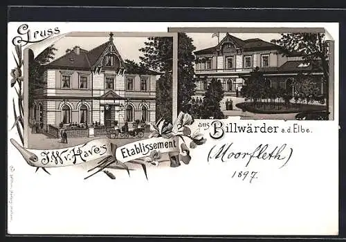 Lithographie Hamburg-Billwärder, I. W. v. Have`s Restaurant