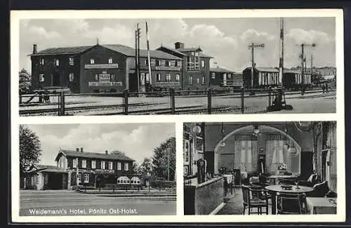 AK Pönitz / Ostholst., Bahnhof mit Getreidehandlung Mühle Chr. Weidemann und Weidemann`s Hotel