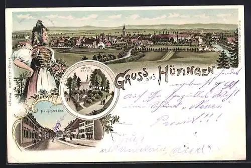 Lithographie Hüfingen, Gesamtansicht, Loreto Kapelle, Hauptstrasse, Frau in Tracht