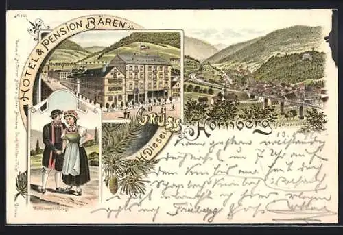 Lithographie Hornberg / Schwarzwald, Hotel & Pension Bären, Ortsansicht, Paar in Tracht