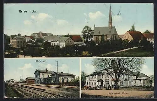AK Erlau i. Sa., Erlau i. Sa., Gasthaus Kaiserhof, Bahnhof von der Gleisseite