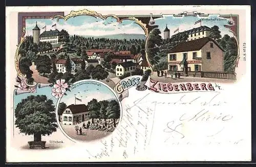 Lithographie Ziegenberg i. T., Gasthaus zur Linde, Goethebank, Ortsansicht