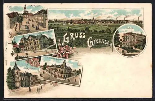 Lithographie Greussen, Schule, Kaiserl. Postamt, Marktplatz