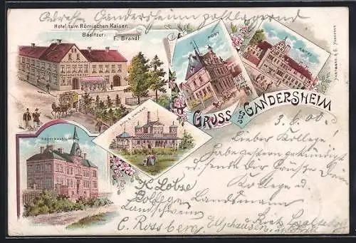 Lithographie Gandersheim, Hotel zum Römischen Kaiser v. F. Brandt, Post, Progymnasium, Sol- und Stahlbad, Abtei