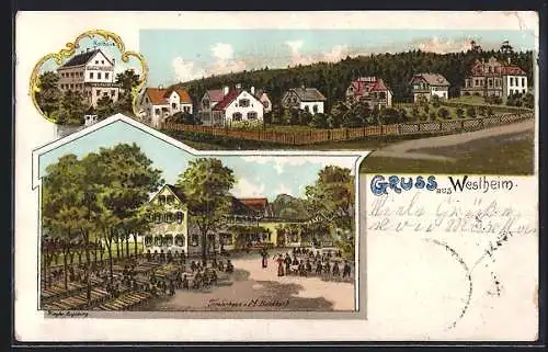 Lithographie Westheim / Augsburg, Gasthof Tirolerhaus v. M. Burkhart, Kurhaus, Ortsansicht