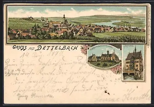 Lithographie Dettelbach, Wallfahrtskirche und Kloster, Rathaus, Gesamtansicht