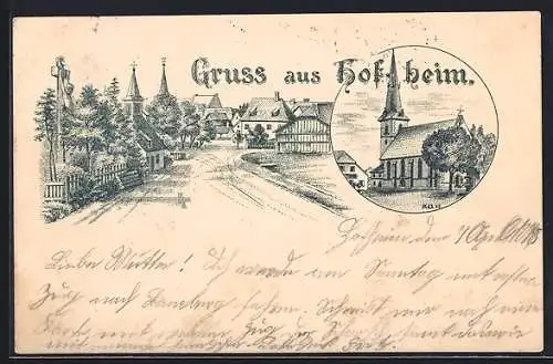 AK Hofheim /Unterfranken, Kirche und Strassenpartie