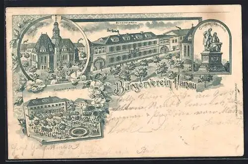 Lithographie Hanau, Bürgerverein mit Concertgarten, Franz. Kirche, Grimm-Denkmal