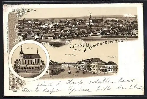 Lithographie Münchenbernsdorf, Hotel Bairischer Hof und Marktplatz, Kirche, Gesamtansicht