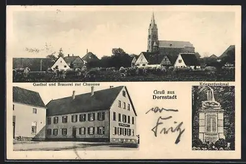 AK Dornstadt / Württ., Gasthof und Brauerei zur Chaussee, Kriegerdenkmal, Ortsansicht