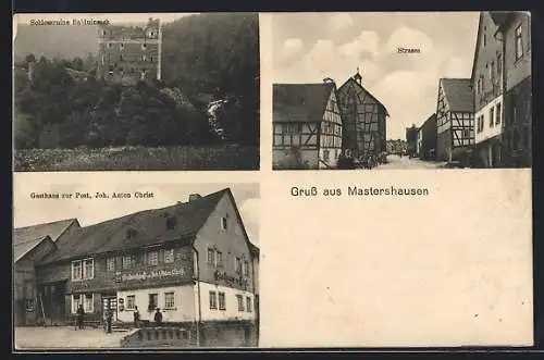 AK Mastershausen, Gasthaus zur Post v. Joh. Anton Christ, Schlossruine Balduinseck, Strassenpartie