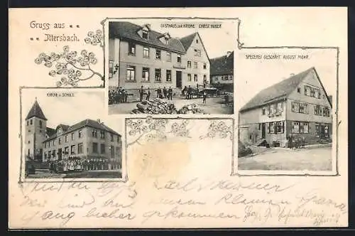 AK Ittersbach, Gasthaus zur Korne v. Christ. Huber, Spezerei-Geschäft August Mohr, Kirche und Schule