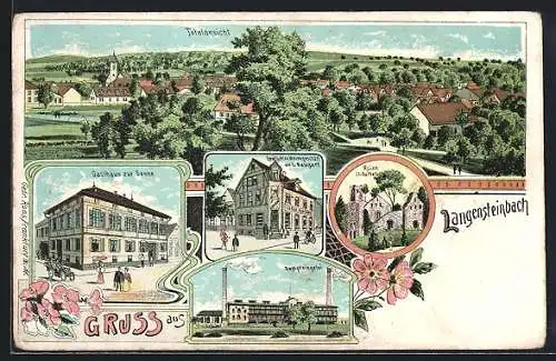 Lithographie Langensteinbach, Gasthaus zur Sonne, Warengeschäft L. Neugart, Dampfziegelei, Ruine St. Barbara