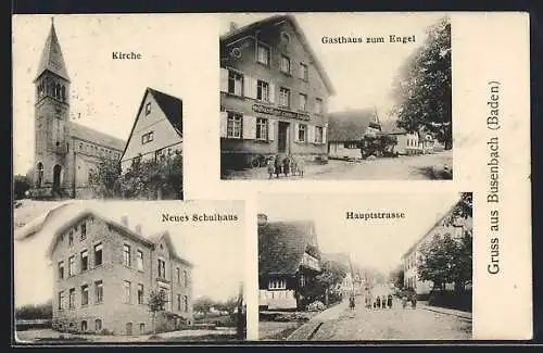 AK Busenbach /Baden, Gasthaus zum Engel, Kirche, neues Schulhaus, Hauptstrasse