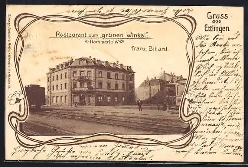 AK Ettlingen, Restaurant zum grünen Winkel v. Wwe. Hemmerle, Jugendstil-Passepartout