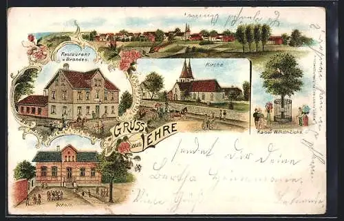 Lithographie Lehre, Restaurant v. Brandes, Kirche, Schule, Kaiser-Wilhelm-Eiche