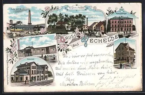 Lithographie Vechelde, Zuckerfabrik, Herzogl. Amtsgericht, Jute-Spinnerei, Hauptstrasse, Bahnhof