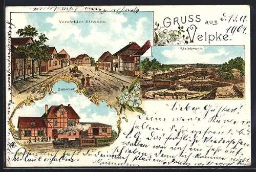 Lithographie Velpke, Vorsfelder Strasse, Steinbuch, Bahnhof