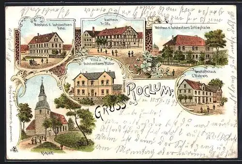 Lithographie Roclum, Geschäftshaus C. Behrens, Gasthaus Fr. Olfe, Villa Müller, Wohnhäuser Bötel und Schliephacke