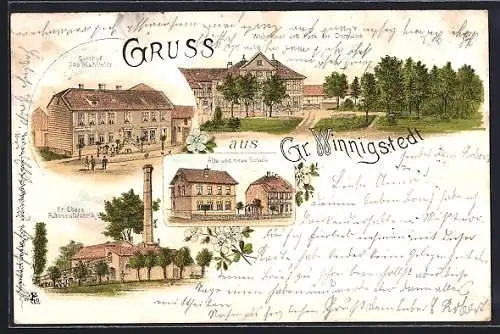 Lithographie Gross Winnigstedt, Gasthof Otto Mahlfeldt, Alte und neue Schule, Ebers'Rübensaft-Fabrik