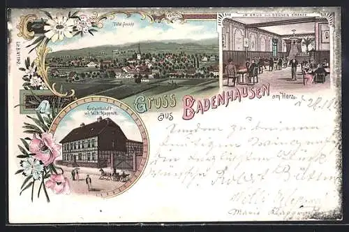 Lithographie Badenhausen am Harz, Gasthaus Krug zum grünen Kranze v. Wilh. Klapproth, mit Innenansicht
