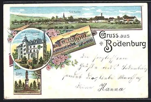 Lithographie Bodenburg, Gräfl. v. Steinberg`sches Schloss, Bahnhof