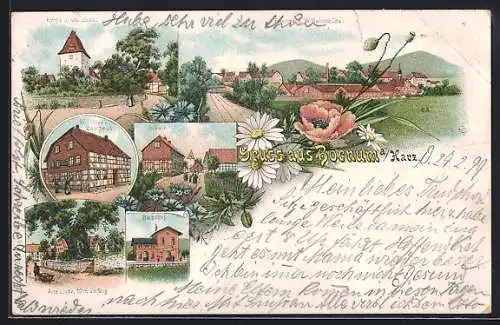 Lithographie Bornum a. Harz, W. Schlue`s Gasthaus, Bahnhof, Eisenwerk Wilhelmshütte, Kirche und alte Linde