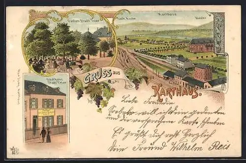 Lithographie Karthaus / Trier, Gasthaus zur Stadt Trier und Bahnhof mit Garten