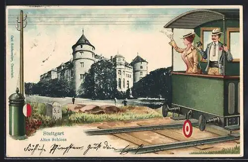 Passepartout-Lithographie Stuttgart, Blick auf das Alte Schloss, Eisenbahn-Passepartout