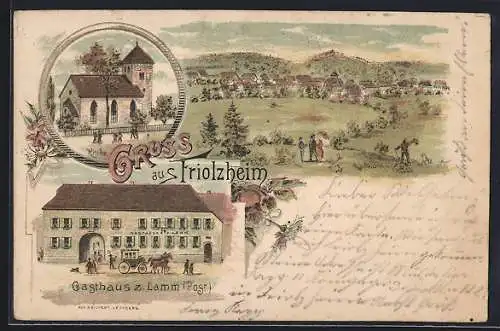 Lithographie Friolzheim, Gasthaus z. Lamm mit Post, Kirche, Gesamtansicht