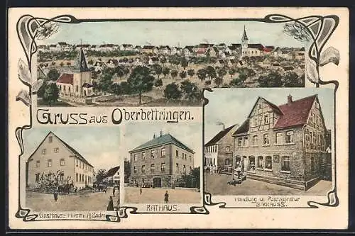 AK Oberbettringen, Gasthaus z. Hirsch v. A. Bader, Handlung und Postagentur J. Krauss, Rathaus, Jugendstil-Passepartout