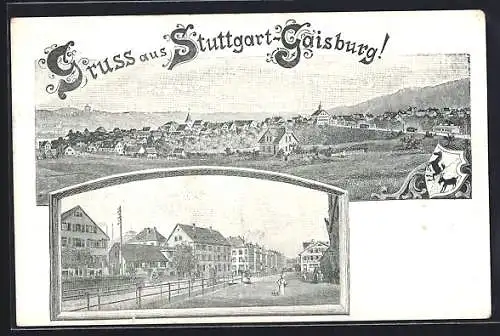 Lithographie Stuttgart-Gaisburg, Strassenpartie und Gesamtansicht