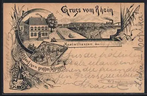 AK Maximiliansau /Rhein, Gasthaus zum Grossen Schoppen, Eisenbahnbrücke