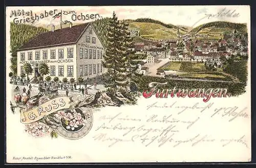 Lithographie Furtwangen, Hotel zum Ochsen v. Grieshaber