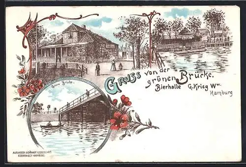 Lithographie Hamburg-Hammerbrook, Gasthaus zur grünen Brücke v. G. Krieg, Billwerder Steindamm, Grüne Brücke