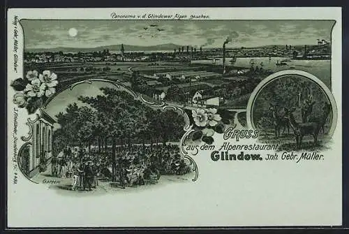 Mondschein-Lithographie Glindow, Gartenwirtschaft des Alpenrestaurants der Gebr. Müller, Panorama